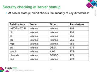 16
• At server startup, oninit checks the security of key directories:
Subdirectory Owner Group Permissions
INFORMIXDIR informix informix 755
bin informix informix 755
lib informix informix 755
gls informix informix 755
msg informix informix 755
etc informix DBSA 775
aaodir informix AAO 775
dbssodir informix DBSSO 775
tmp informix informix 770
Security checking at server startup
 