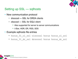 • New communication protocol
 drsocssl — SSL for DRDA clients
 olsocssl — SSL for SQLI client
• Also supported for server to server communications
• I-Star, HDR, ER, RSS, SDS
• Example sqlhosts file entries
 horus_31_ol_ssl olsocssl horus horus_ol_ssl
 horus_31_dr_ssl drsocssl horus horus_dr_ssl
Setting up SSL — sqlhosts
24
 