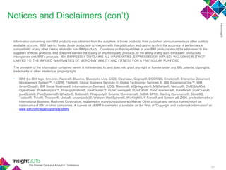 46
Notices and Disclaimers (con‘t)
Information concerning non-IBM products was obtained from the suppliers of those products, their published announcements or other publicly
available sources. IBM has not tested those products in connection with this publication and cannot confirm the accuracy of performance,
compatibility or any other claims related to non-IBM products. Questions on the capabilities of non-IBM products should be addressed to the
suppliers of those products. IBM does not warrant the quality of any third-party products, or the ability of any such third-party products to
interoperate with IBM‘s products. IBM EXPRESSLY DISCLAIMS ALL WARRANTIES, EXPRESSED OR IMPLIED, INCLUDING BUT NOT
LIMITED TO, THE IMPLIED WARRANTIES OF MERCHANTABILITY AND FITNESS FOR A PARTICULAR PURPOSE.
The provision of the information contained herein is not intended to, and does not, grant any right or license under any IBM patents, copyrights,
trademarks or other intellectual property right.
• IBM, the IBM logo, ibm.com, Aspera®, Bluemix, Blueworks Live, CICS, Clearcase, Cognos®, DOORS®, Emptoris®, Enterprise Document
Management System™, FASP®, FileNet®, Global Business Services ®, Global Technology Services ®, IBM ExperienceOne™, IBM
SmartCloud®, IBM Social Business®, Information on Demand, ILOG, Maximo®, MQIntegrator®, MQSeries®, Netcool®, OMEGAMON,
OpenPower, PureAnalytics™, PureApplication®, pureCluster™, PureCoverage®, PureData®, PureExperience®, PureFlex®, pureQuery®,
pureScale®, PureSystems®, QRadar®, Rational®, Rhapsody®, Smarter Commerce®, SoDA, SPSS, Sterling Commerce®, StoredIQ,
Tealeaf®, Tivoli®, Trusteer®, Unica®, urban{code}®, Watson, WebSphere®, Worklight®, X-Force® and System z® Z/OS, are trademarks of
International Business Machines Corporation, registered in many jurisdictions worldwide. Other product and service names might be
trademarks of IBM or other companies. A current list of IBM trademarks is available on the Web at "Copyright and trademark information" at:
www.ibm.com/legal/copytrade.shtml.
 