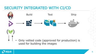 6
SECURITY INTEGRATED WITH CI/CD
Build
• Only vetted code (approved for production) is
used for building the images
ShipTest
 
 