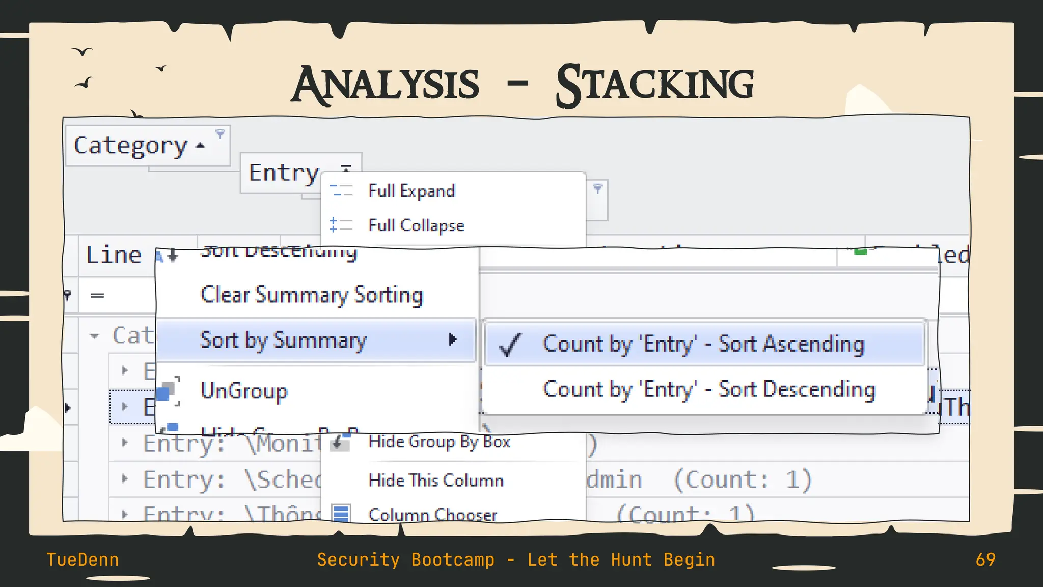 Analysis – Stacking
TueDenn Security Bootcamp - Let the Hunt Begin 69
 