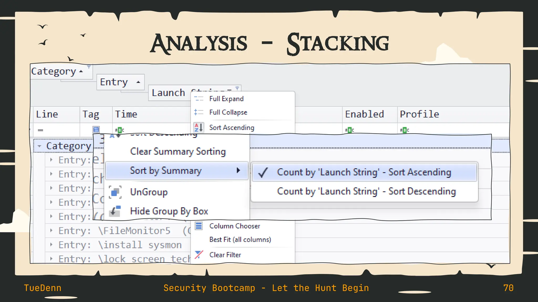Analysis – Stacking
TueDenn Security Bootcamp - Let the Hunt Begin 70
 
