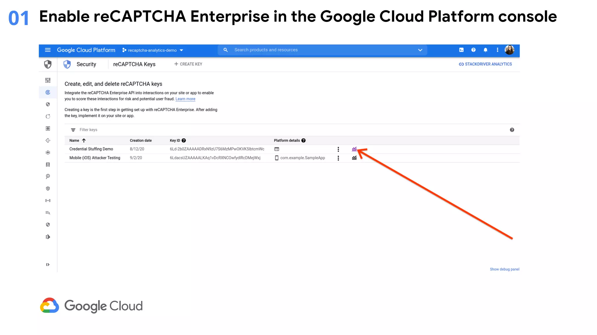 Enable reCAPTCHA Enterprise in the Google Cloud Platform console01
 