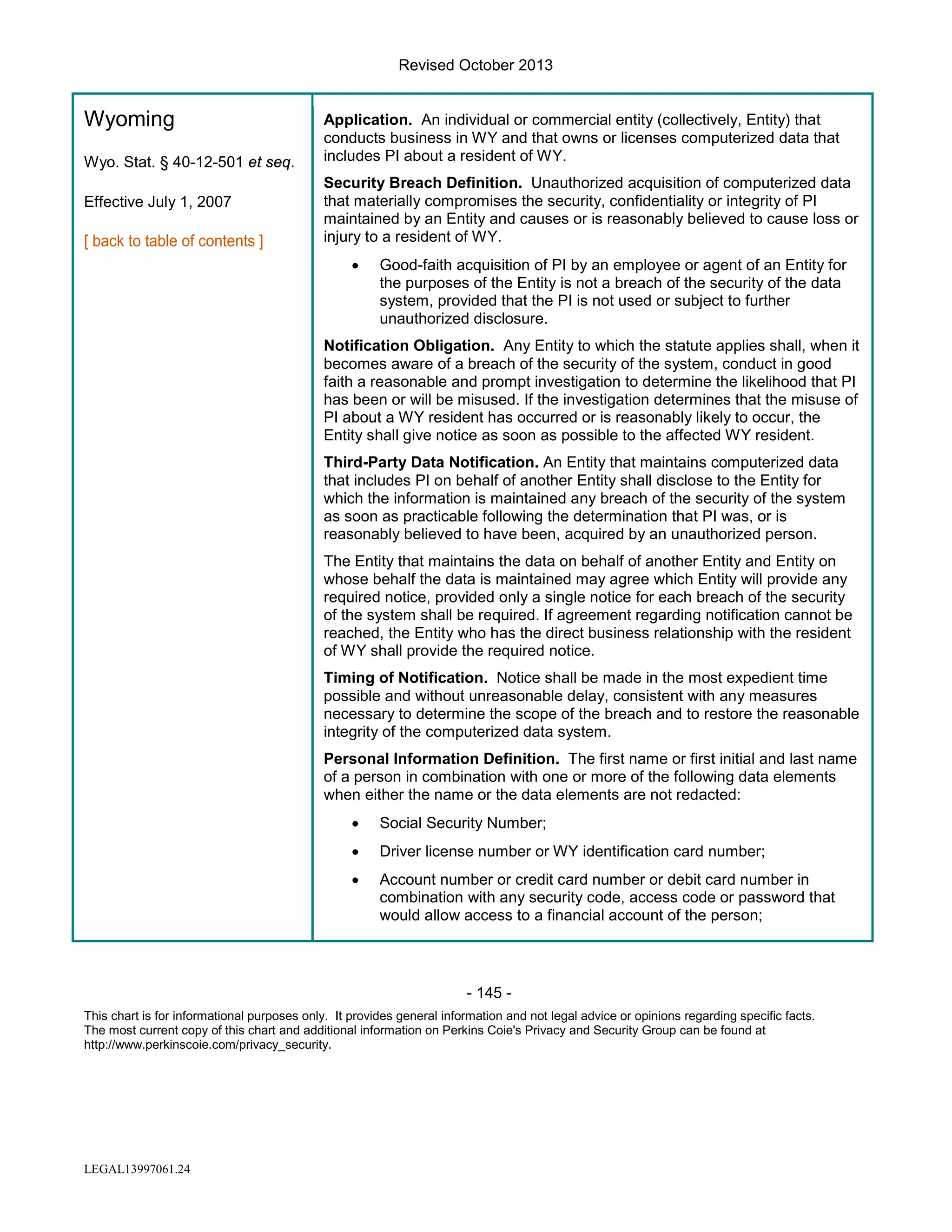 Revised October 2013

Wyoming
Wyo. Stat. § 40-12-501 et seq.
Effective July 1, 2007

Application. An individual or commercial entity (collectively, Entity) that
conducts business in WY and that owns or licenses computerized data that
includes PI about a resident of WY.
Security Breach Definition. Unauthorized acquisition of computerized data
that materially compromises the security, confidentiality or integrity of PI
maintained by an Entity and causes or is reasonably believed to cause loss or
injury to a resident of WY.
•

Good-faith acquisition of PI by an employee or agent of an Entity for
the purposes of the Entity is not a breach of the security of the data
system, provided that the PI is not used or subject to further
unauthorized disclosure.

Notification Obligation. Any Entity to which the statute applies shall, when it
becomes aware of a breach of the security of the system, conduct in good
faith a reasonable and prompt investigation to determine the likelihood that PI
has been or will be misused. If the investigation determines that the misuse of
PI about a WY resident has occurred or is reasonably likely to occur, the
Entity shall give notice as soon as possible to the affected WY resident.
Third-Party Data Notification. An Entity that maintains computerized data
that includes PI on behalf of another Entity shall disclose to the Entity for
which the information is maintained any breach of the security of the system
as soon as practicable following the determination that PI was, or is
reasonably believed to have been, acquired by an unauthorized person.
The Entity that maintains the data on behalf of another Entity and Entity on
whose behalf the data is maintained may agree which Entity will provide any
required notice, provided only a single notice for each breach of the security
of the system shall be required. If agreement regarding notification cannot be
reached, the Entity who has the direct business relationship with the resident
of WY shall provide the required notice.
Timing of Notification. Notice shall be made in the most expedient time
possible and without unreasonable delay, consistent with any measures
necessary to determine the scope of the breach and to restore the reasonable
integrity of the computerized data system.
Personal Information Definition. The first name or first initial and last name
of a person in combination with one or more of the following data elements
when either the name or the data elements are not redacted:
•

Social Security Number;

•

Driver license number or WY identification card number;

•

Account number or credit card number or debit card number in
combination with any security code, access code or password that
would allow access to a financial account of the person;

- 145 This chart is for informational purposes only. It provides general information and not legal advice or opinions regarding specific facts.
The most current copy of this chart and additional information on Perkins Coie's Privacy and Security Group can be found at
http://www.perkinscoie.com/privacy_security.

LEGAL13997061.24

 
