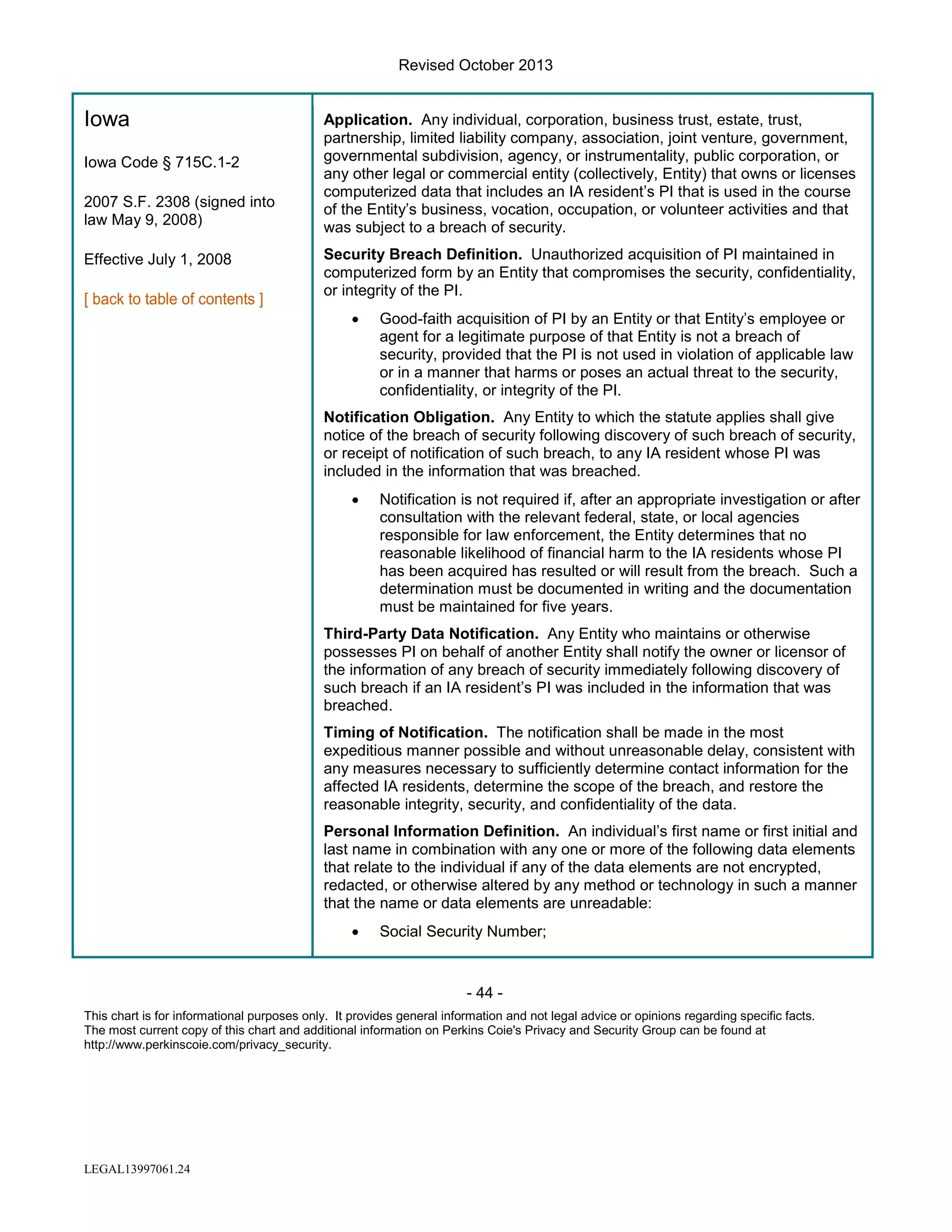 Revised October 2013

Iowa
Iowa Code § 715C.1-2
2007 S.F. 2308 (signed into
law May 9, 2008)
Effective July 1, 2008

Application. Any individual, corporation, business trust, estate, trust,
partnership, limited liability company, association, joint venture, government,
governmental subdivision, agency, or instrumentality, public corporation, or
any other legal or commercial entity (collectively, Entity) that owns or licenses
computerized data that includes an IA resident’s PI that is used in the course
of the Entity’s business, vocation, occupation, or volunteer activities and that
was subject to a breach of security.
Security Breach Definition. Unauthorized acquisition of PI maintained in
computerized form by an Entity that compromises the security, confidentiality,
or integrity of the PI.
•

Good-faith acquisition of PI by an Entity or that Entity’s employee or
agent for a legitimate purpose of that Entity is not a breach of
security, provided that the PI is not used in violation of applicable law
or in a manner that harms or poses an actual threat to the security,
confidentiality, or integrity of the PI.

Notification Obligation. Any Entity to which the statute applies shall give
notice of the breach of security following discovery of such breach of security,
or receipt of notification of such breach, to any IA resident whose PI was
included in the information that was breached.
•

Notification is not required if, after an appropriate investigation or after
consultation with the relevant federal, state, or local agencies
responsible for law enforcement, the Entity determines that no
reasonable likelihood of financial harm to the IA residents whose PI
has been acquired has resulted or will result from the breach. Such a
determination must be documented in writing and the documentation
must be maintained for five years.

Third-Party Data Notification. Any Entity who maintains or otherwise
possesses PI on behalf of another Entity shall notify the owner or licensor of
the information of any breach of security immediately following discovery of
such breach if an IA resident’s PI was included in the information that was
breached.
Timing of Notification. The notification shall be made in the most
expeditious manner possible and without unreasonable delay, consistent with
any measures necessary to sufficiently determine contact information for the
affected IA residents, determine the scope of the breach, and restore the
reasonable integrity, security, and confidentiality of the data.
Personal Information Definition. An individual’s first name or first initial and
last name in combination with any one or more of the following data elements
that relate to the individual if any of the data elements are not encrypted,
redacted, or otherwise altered by any method or technology in such a manner
that the name or data elements are unreadable:
•

Social Security Number;

- 44 This chart is for informational purposes only. It provides general information and not legal advice or opinions regarding specific facts.
The most current copy of this chart and additional information on Perkins Coie's Privacy and Security Group can be found at
http://www.perkinscoie.com/privacy_security.

LEGAL13997061.24

 