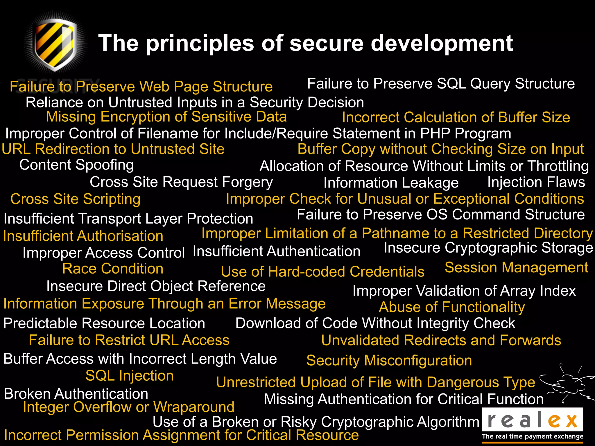 The principles of secure development
  Failure to Preserve Web Page Structure         Failure to Preserve SQL Query Structure
    Reliance on Untrusted Inputs in a Security Decision
        Missing Encryption of Sensitive Data          Incorrect Calculation of Buffer Size
 Improper Control of Filename for Include/Require Statement in PHP Program
URL Redirection to Untrusted Site              Buffer Copy without Checking Size on Input
   Content Spoofing                      Allocation of Resource Without Limits or Throttling
               Cross Site Request Forgery          Information Leakage       Injection Flaws
  Cross Site Scripting              Improper Check for Unusual or Exceptional Conditions
Insufficient Transport Layer Protection        Failure to Preserve OS Command Structure
Insufficient Authorisation      Improper Limitation of a Pathname to a Restricted Directory
   Improper Access Control Insufficient Authentication       Insecure Cryptographic Storage
           Race Condition          Use of Hard-coded Credentials Session Management
        Insecure Direct Object Reference                Improper Validation of Array Index
Information Exposure Through an Error Message                Abuse of Functionality
Predictable Resource Location        Download of Code Without Integrity Check
     Failure to Restrict URL Access                Unvalidated Redirects and Forwards
Buffer Access with Incorrect Length Value        Security Misconfiguration
              SQL Injection       Unrestricted Upload of File with Dangerous Type
Broken Authentication                    Missing Authentication for Critical Function
   Integer Overflow or Wraparound
                         Use of a Broken or Risky Cryptographic Algorithm
Incorrect Permission Assignment for Critical Resource
 