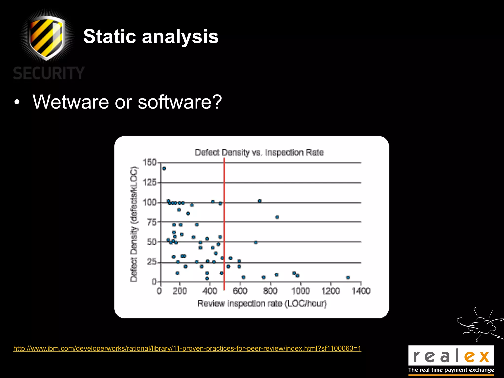 Static analysis


• Wetware or software?




http://www.ibm.com/developerworks/rational/library/11-proven-practices-for-peer-review/index.html?sf1100063=1
 