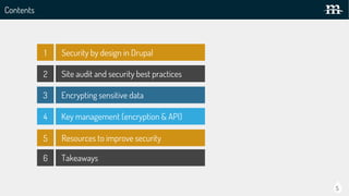 Style Guide
Contents
Security by design in Drupal
Encrypting sensitive data
Key management (encryption & API)4
3
2
1
5
Site audit and security best practices
Resources to improve security5
Style Guide6 Takeaways
 