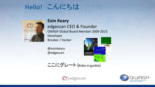 Hello! こんにちは
Eoin Keary
edgescan CEO & Founder
OWASP Global Board Member 2009-2015
Developer
Breaker / Hacker
@eoinkeary
@edgescan
ここにグレート (Koko ni gurēto)
 