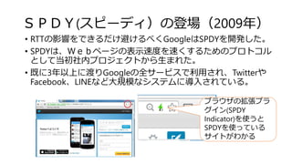 ＳＰＤＹ(スピーディ）の登場（2009年）
• RTTの影響をできるだけ避けるべくGoogleはSPDYを開発した。
• SPDYは、Ｗｅｂページの表示速度を速くするためのプロトコル
として当初社内プロジェクトから生まれた。
• 既に3年以上に渡りGoogleの全サービスで利用され、Twitterや
Facebook、LINEなど大規模なシステムに導入されている。
ブラウザの拡張プラ
グイン(SPDY
Indicator)を使うと
SPDYを使っている
サイトがわかる
 