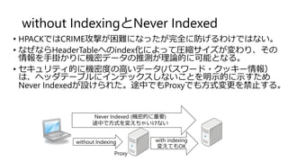 without IndexingとNever Indexed
• HPACKではCRIME攻撃が困難になったが完全に防げるわけではない。
• なぜならHeaderTableへのindex化によって圧縮サイズが変わり、その
情報を手掛かりに機密データの推測が理論的に可能となる。
• セキュリティ的に機密度の高いデータ(パスワード・クッキー情報）
は、ヘッダテーブルにインデックスしないことを明示的に示すため
Never Indexedが設けられた。途中でもProxyでも方式変更を禁止する。
Proxy
Never Indexed (機密的に重要)
途中で方式を変えちゃいけない
without Indexing with indexing
変えてもOK
 