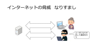インターネットの脅威 なりすまし
ユーザになりす
まして通信を行
う
 