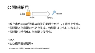公開鍵暗号
512bit RSAの危険性 FREAK https://freakattack.com/
• 解を求めるのが困難な数学的問題を利用して暗号を生成。
• 公開鍵と秘密鍵のペアを生成。公開鍵はさらして大丈夫。
• 公開鍵で暗号化し秘密鍵で復号化。
• RSA
• ECC(楕円曲線暗号）
公開鍵 秘密鍵
暗号化 復号化
 