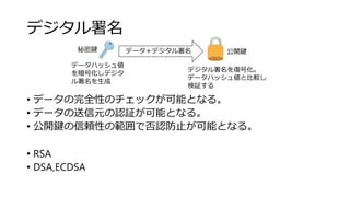 デジタル署名
• データの完全性のチェックが可能となる。
• データの送信元の認証が可能となる。
• 公開鍵の信頼性の範囲で否認防止が可能となる。
• RSA
• DSA,ECDSA
公開鍵秘密鍵 データ＋デジタル署名
データハッシュ値
を暗号化しデジタ
ル署名を生成
デジタル署名を復号化。
データハッシュ値と比較し
検証する
 