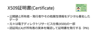 X509証明書(Certificate)
• 公開鍵と所有者・発行者やその他属性情報をデジタル署名した
データ
• 元々は電子ディレクトリサービス仕様(X500)の一部
• 認証局(CA)が所有者の実体を確認して証明書を発行する（PKI)
 