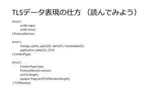 TLSデータ表現の仕方 （読んでみよう）
struct {
uint8 major;
uint8 minor;
} ProtocolVersion;
enum {
change_cipher_spec(20), alert(21), handshake(22),
application_data(23), (255)
} ContentType;
struct {
ContentType type;
ProtocolVersion version;
uint16 length;
opaque fragment[TLSPlaintext.length];
} TLSPlaintext;
 