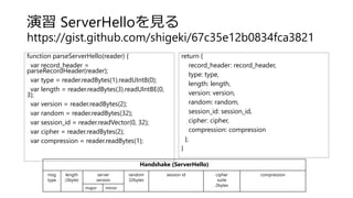 演習 ServerHelloを見る
https://gist.github.com/shigeki/67c35e12b0834fca3821
function parseServerHello(reader) {
var record_header =
parseRecordHeader(reader);
var type = reader.readBytes(1).readUInt8(0);
var length = reader.readBytes(3).readUIntBE(0,
3);
var version = reader.readBytes(2);
var random = reader.readBytes(32);
var session_id = reader.readVector(0, 32);
var cipher = reader.readBytes(2);
var compression = reader.readBytes(1);
return {
record_header: record_header,
type: type,
length: length,
version: version,
random: random,
session_id: session_id,
cipher: cipher,
compression: compression
};
}
Handshake (ServerHello)
msg
type
length
(3byte)
server
version
random
32bytes
session id cipher
suite
2bytes
compression
major minor
 