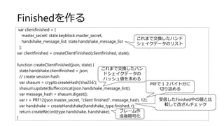 Finishedを作る
var clientfinished = {
master_secret: state.keyblock.master_secret,
handshake_message_list: state.handshake_message_list
};
var clientfinished = createClientFinished(clientfinished, state);
function createClientFinished(json, state) {
state.handshake.clientfinished = json;
// create session hash
var shasum = crypto.createHash('sha256');
shasum.update(Buffer.concat(json.handshake_message_list));
var message_hash = shasum.digest();
var r = PRF12(json.master_secret, "client finished", message_hash, 12);
var handshake = createHandshake(handshake_type.finished, r);
return createRecord(type.handshake, handshake);
}
これまで交換したハンド
シェイクデータのリスト
これまで交換したハン
ドシェイクデータの
ハッシュ値を求める
PRFで１２バイト分に
切り詰める
フレーム作
成後暗号化
受信したFinished中の値と比
較して改ざんチェック
 