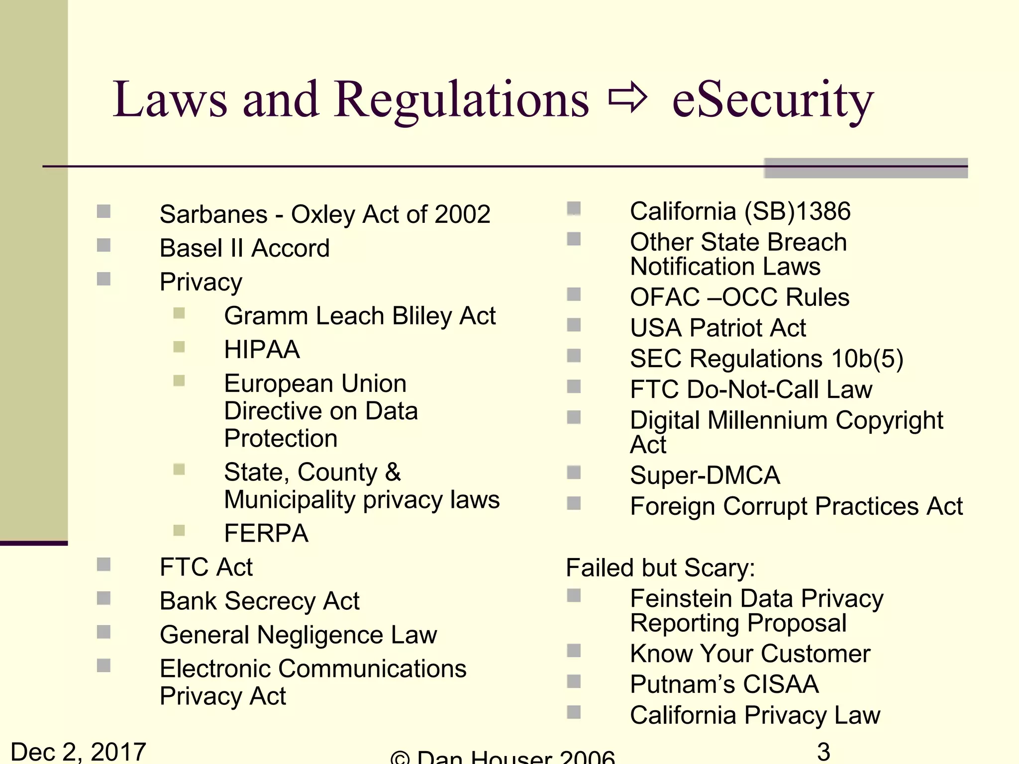 Dec 2, 2017 3
Laws and Regulations  eSecurity
 Sarbanes - Oxley Act of 2002
 Basel II Accord
 Privacy
 Gramm Leach Bliley Act
 HIPAA
 European Union
Directive on Data
Protection
 State, County &
Municipality privacy laws
 FERPA
 FTC Act
 Bank Secrecy Act
 General Negligence Law
 Electronic Communications
Privacy Act
 California (SB)1386
 Other State Breach
Notification Laws
 OFAC –OCC Rules
 USA Patriot Act
 SEC Regulations 10b(5)
 FTC Do-Not-Call Law
 Digital Millennium Copyright
Act
 Super-DMCA
 Foreign Corrupt Practices Act
Failed but Scary:
 Feinstein Data Privacy
Reporting Proposal
 Know Your Customer
 Putnam’s CISAA
 California Privacy Law
 