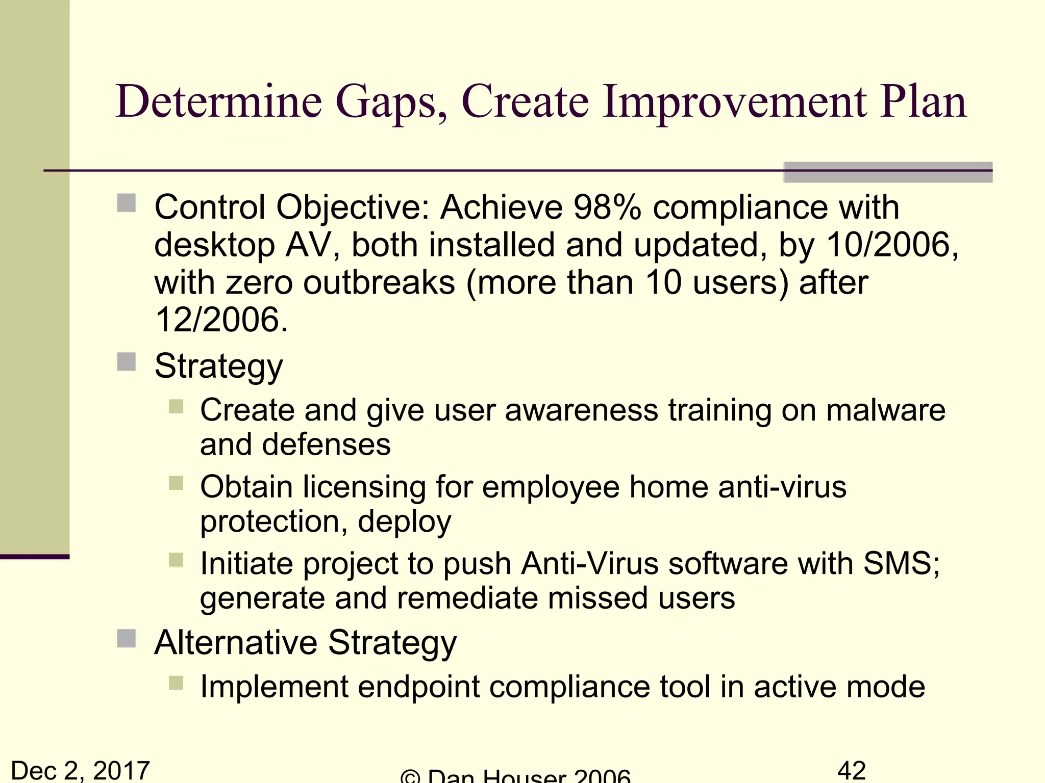 Dec 2, 2017 42
Determine Gaps, Create Improvement Plan
 Control Objective: Achieve 98% compliance with
desktop AV, both installed and updated, by 10/2006,
with zero outbreaks (more than 10 users) after
12/2006.
 Strategy
 Create and give user awareness training on malware
and defenses
 Obtain licensing for employee home anti-virus
protection, deploy
 Initiate project to push Anti-Virus software with SMS;
generate and remediate missed users
 Alternative Strategy
 Implement endpoint compliance tool in active mode
 