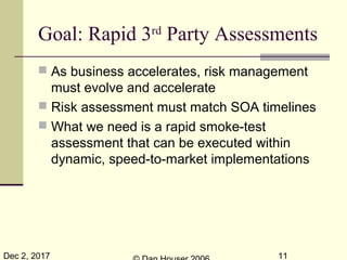 Dec 2, 2017 11
Goal: Rapid 3rd
Party Assessments
 As business accelerates, risk management
must evolve and accelerate
 Risk assessment must match SOA timelines
 What we need is a rapid smoke-test
assessment that can be executed within
dynamic, speed-to-market implementations
 