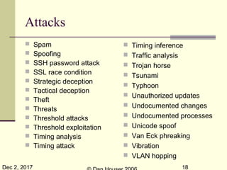 Dec 2, 2017 18
Attacks
 Spam
 Spoofing
 SSH password attack
 SSL race condition
 Strategic deception
 Tactical deception
 Theft
 Threats
 Threshold attacks
 Threshold exploitation
 Timing analysis
 Timing attack
 Timing inference
 Traffic analysis
 Trojan horse
 Tsunami
 Typhoon
 Unauthorized updates
 Undocumented changes
 Undocumented processes
 Unicode spoof
 Van Eck phreaking
 Vibration
 VLAN hopping
 