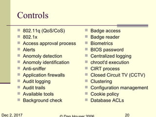 Dec 2, 2017 20
Controls
 802.11q (QoS/CoS)
 802.1x
 Access approval process
 Alerts
 Anomoly detection
 Anomoly identification
 Anti-sniffer
 Application firewalls
 Audit logging
 Audit trails
 Available tools
 Background check
 Badge access
 Badge reader
 Biometrics
 BIOS password
 Centralized logging
 chroot'd execution
 CIRT process
 Closed Circuit TV (CCTV)
 Clustering
 Configuration management
 Cookie policy
 Database ACLs
 