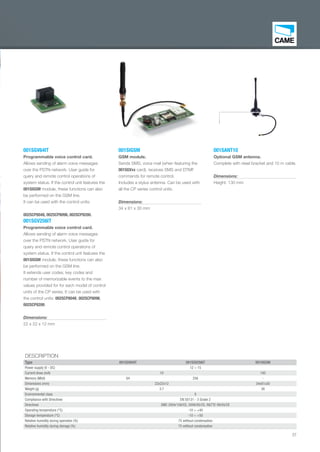 37
001SANT10
Optional GSM antenna.
Complete with steel bracket and 10 m cable.
Dimensions:
Height: 130 mm
001SGV64IT
Programmable voice control card.
Allows sending of alarm voice messages
over the PSTN network. User guide for
query and remote control operations of
system status. If the control unit features the
001SIGSM module, these functions can also
be performed on the GSM line.
It can be used with the control units:
002SCP8048, 002SCP8096, 002SCP8200.
001SGV256IT
Programmable voice control card.
Allows sending of alarm voice messages
over the PSTN network. User guide for
query and remote control operations of
system status. If the control unit features the
001SIGSM module, these functions can also
be performed on the GSM line.
It extends user codes, key codes and
number of memorizable events to the max
values provided for for each model of control
units of the CP series. It can be used with
the control units: 002SCP8048, 002SCP8096,
002SCP8200.
Dimensions:
22 x 22 x 12 mm
001SIGSM
GSM module.
Sends SMS, voice mail (when featuring the
001SGVxx card), receives SMS and DTMF
commands for remote control.
Includes a stylus antenna. Can be used with
all the CP series control units.
Dimensions:
34 x 81 x 30 mm
DESCRIPTION
Type 001SGV64IT 001SGV256IT 001SIGSM
Power supply (V - DC) 12 ÷ 15
Current draw (mA) 10 100
Memory (Mbit) 64 256 -
Dimensions (mm) 22x22x12 34x81x30
Weight (g) 3.7 38
Environmental class II
Compliance with Directives EN 50131 - 3 Grade 2
Directives EMC 2004/108/CE, 2006/95/CE, R&TTE 99/05/CE
Operating temperature (°C) -10 ÷ +40
Storage temperature (°C) -10 ÷ +50
Relative humidity during operation (%) 75 without condensation
Relative humidity during storage (%) 75 without condensation
EN_2014_CATALOGO_SICUREZZA.indd 37 12/06/14 15:02
 
