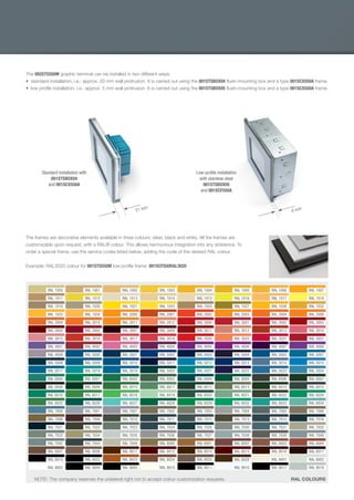 48
The 002STS550M graphic terminal can be installed in two different ways:
standard installation, i.e.: approx. 20 mm wall protrusion. It is carried out using the 001STSBOX04 flush-mounting box and a type 001SCX550A frame.
low profile installation, i.e.: approx. 5 mm wall protrusion. It is carried out using the 001STSBOX05 flush-mounting box and a type 001SCX550A frame.
The frames are decorative elements available in three colours: silver, black and white. All the frames are
customizable upon request, with a RAL® colour. This allows harmonious integration into any ambience. To
order a special frame, use the service codes listed below, adding the code of the desired RAL colour.
Example: RAL3020 colour for 001STS550M low proﬁle frame: 001SCF550RAL3020
RAL COLOURS
RAL 1007RAL 1006RAL 1005RAL 1004RAL 1003RAL 1002RAL 1001RAL 1000
RAL 1018RAL 1017RAL 1016RAL 1015RAL 1014RAL 1013RAL 1012RAL 1011
RAL 1032RAL 1028RAL 1027RAL 1024RAL 1023RAL 1021RAL 1020RAL 1019
RAL 2008RAL 2004RAL 2003RAL 2002RAL 2001RAL 2000RAL 1034RAL 1033
RAL 3003RAL 3002RAL 3001RAL 3000RAL 2012RAL 2011RAL 2010RAL 2009
RAL 3014RAL 3013RAL 3012RAL 3011RAL 3009RAL 3007RAL 3005RAL 3004
RAL 3031RAL 3027RAL 3022RAL 3020RAL 3018RAL 3017RAL 3016RAL 3015
RAL 4008RAL 4007RAL 4006RAL 4005RAL 4004RAL 4003RAL 4002RAL 4001
RAL 5007RAL 5005RAL 5004RAL 5003RAL 5002RAL 5001RAL 5000RAL 4009
RAL 5015RAL 5014RAL 5013RAL 5012RAL 5011RAL 5010RAL 5009RAL 5008
RAL 5024RAL 5023RAL 5022RAL 5021RAL 5020RAL 5019RAL 5018RAL 5017
RAL 6007RAL 6006RAL 6005RAL 6004RAL 6003RAL 6002RAL 6001RAL 6000
RAL 6015RAL 6014RAL 6013RAL 6012RAL 6011RAL 6010RAL 6009RAL 6008
RAL 6024RAL 6022RAL 6021RAL 6020RAL 6019RAL 6018RAL 6017RAL 6016
RAL 6034RAL 6033RAL 6032RAL 6029RAL 6028RAL 6027RAL 6026RAL 6025
RAL 7006RAL 7005RAL 7004RAL 7003RAL 7002RAL 7001RAL 7001RAL 7000
RAL 7016RAL 7015RAL 7013RAL 7012RAL 7011RAL 7010RAL 7009RAL 7008
RAL 7032RAL 7031RAL 7030RAL 7026RAL 7024RAL 7023RAL 7022RAL 7021
RAL 7040RAL 7039RAL 7038RAL 7037RAL 7036RAL 7035RAL 7034RAL 7033
RAL 8004RAL 8003RAL 8002RAL 8001RAL 8000RAL 7044RAL 7043RAL 7042
RAL 8017RAL 8016RAL 8015RAL 8014RAL 8012RAL 8011RAL 8008RAL 8007
RAL 9002RAL 9001RAL 8028RAL 8025RAL 8024RAL 8023RAL 8022RAL 8019
RAL 9018RAL 9017RAL 9016RAL 9011RAL 9010RAL 9005RAL 9004RAL 9003
21 mm
X04 flush-mounting box and a type 001SCX550
X05 flush-mounting box and a type 001SCX550
8 mm
Standard Installation with
001STSBOX04
and 001SCX550A
Low-profile installation
with stainless steel
001STSBOX05
and 001SCF550A
NOTE: The company reserves the unilateral right not to accept colour customization requests.
EN_2014_CATALOGO_SICUREZZA.indd 48 12/06/14 15:03
 