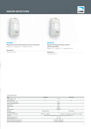 51
001SIR215
Volumetric passive infrared detector with low absorption.
Range: 15 m - opening: 141°. Supplied with joint.
Dimensions:
100 x 60 x 46 mm
001SDT215
Double technology volumetric detector
with low absorption.
Range: 15 m - opening: 141°. Supplied with joint.
Dimensions:
100 x 60 x 46 mm
DESCRIPTION
Type 001SIR215 001SDT215
Power supply (V - DC) 9 ÷ 16
Current draw (mA) 15 25
Alarm contact range (mA/V) 50/24
Tamper contact range (mA/V) 100/24
Coverage (m/°) 15/141
Casing material ABS
Joint Supplied
Dimensions (mm) 110x60x46
Weight (g) 85 (without joint) 95 (with joint)
Environmental class II
Compliance with Directives EN 50131-2-2 Grade 2 EN 50131-2-2, EN 50131-2-3, EN 50131-2-4, Grade 2
Directives EMC 2004/108/CE, 2006/95/CE, R&TTE 99/05/CE (only for 001SDT2115)
Operating temperature (°C) -10 ÷ +40
Storage temperature (°C) -10 ÷ +50
Relative humidity during operation (%) 75 without condensation
Relative humidity during storage (%) 75 without condensation
INDOOR DETECTORS
EN_2014_CATALOGO_SICUREZZA.indd 51 12/06/14 15:03
 