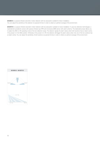 52
001SIR215 is a passive infrared volumetric motion detector with low absorption suitable for indoor installation.
You can adjust the sensitivity of the detector via special trimmer in order to obtain an optimal coverage of the environment.
001SDT215 is a passive infrared volumetric motion detector with low absorption suitable for indoor installation. It uses two detection technologies: a
dual element pyroelectric sensor with passive infrared rays (PIR) and microwave (MW) sensor with patch antenna. The dedicated jumper allows you
to select the AND or OR operating mode of the two detection areas; The detector signals the alarm status when both sections have an alarm active,
if the jumper is in the AND position. Otherwise, if the jumper is in OR, the detector will trigger the alarm status when only one of the two sections has
an alarm active. You can adjust the sensitivity of both sections via special trimmer in order to obtain an optimal coverage of the environment.
001SIR215 - 001SDT215
19.5° 19.5°
15 m1.7 m
2.1 m
EN_2014_CATALOGO_SICUREZZA.indd 52 12/06/14 15:03
 