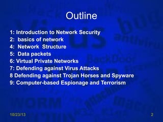 Outline
1: Introduction to Network Security
2: basics of network
4: Network Structure
5: Data packets
6: Virtual Private Networks
7: Defending against Virus Attacks
8 Defending against Trojan Horses and Spyware
9: Computer-based Espionage and Terrorism

10/23/13

2

 