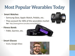 Most Popular Wearables Today
• Smart Watches
• Samsung Gear, Apple Watch, Pebble, etc.
• They account for 40% of the wearables market
• Fitness Bands
• FitBit, Garmin, etc.
• Smart Glasses
• Vuzix, Google Glass
Ref: http://www.gartner.com/document/2847117
 