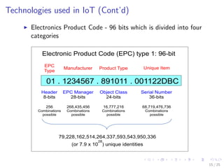 Technologies used in IoT (Cont’d)
Electronics Product Code - 96 bits which is divided into four
categories
15 / 25
 