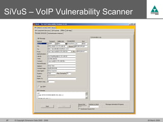 SiVuS – VoIP Vulnerability Scanner




27   © Copyright Dimension Data 2000 - 2009   26 March 2009
 