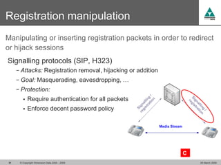 Registration manipulation
Manipulating or inserting registration packets in order to redirect
or hijack sessions
Signalling protocols (SIP, H323)
     − Attacks: Registration removal, hijacking or addition
     − Goal: Masquerading, eavesdropping, …
     − Protection:
           Require authentication for all packets
           Enforce decent password policy




                                                              C   I
31    © Copyright Dimension Data 2000 - 2009                          26 March 2009
 