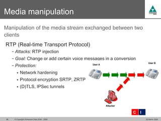 Media manipulation
Manipulation of the media stream exchanged between two
clients
RTP (Real-time Transport Protocol)
     − Attacks: RTP injection
     − Goal: Change or add certain voice messages in a conversion
     − Protection:
           Network hardening
           Protocol encryption SRTP, ZRTP
           (D)TLS, IPSec tunnels




                                                               C    I
33    © Copyright Dimension Data 2000 - 2009                            26 March 2009
 