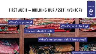 FIRST AUDIT – BUILDING OUR ASSET INVENTORY
@lisihocke@mastodon.social
What’s to protect?
What’s public facing?
How confidential is it?
What’s the business risk if breached?
 