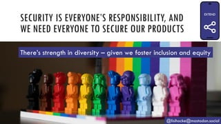 SECURITY IS EVERYONE’S RESPONSIBILITY, AND
WE NEED EVERYONE TO SECURE OUR PRODUCTS
@lisihocke@mastodon.social
There’s strength in diversity – given we foster inclusion and equity
 