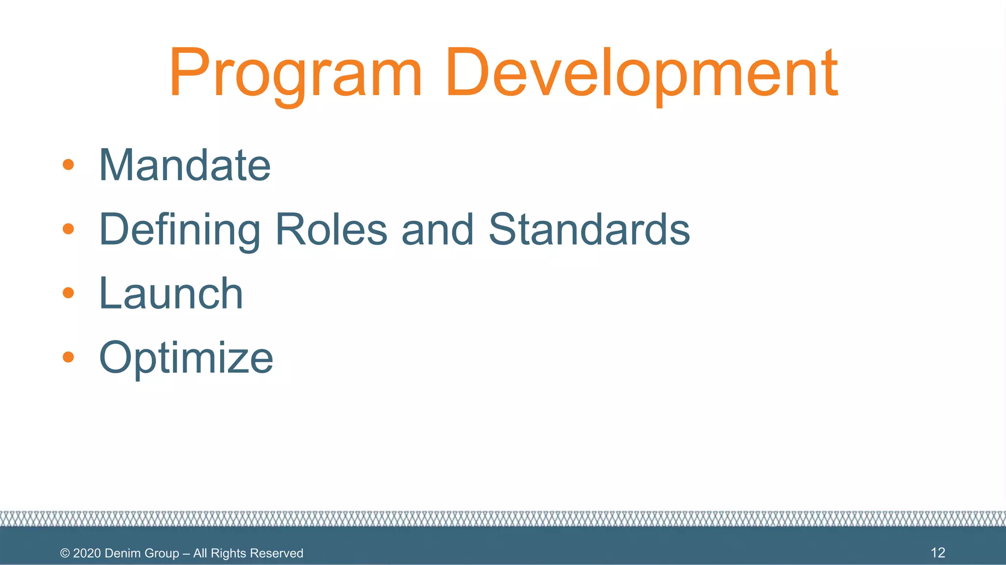 © 2020 Denim Group – All Rights Reserved
Program Development
• Mandate
• Defining Roles and Standards
• Launch
• Optimize
12
 