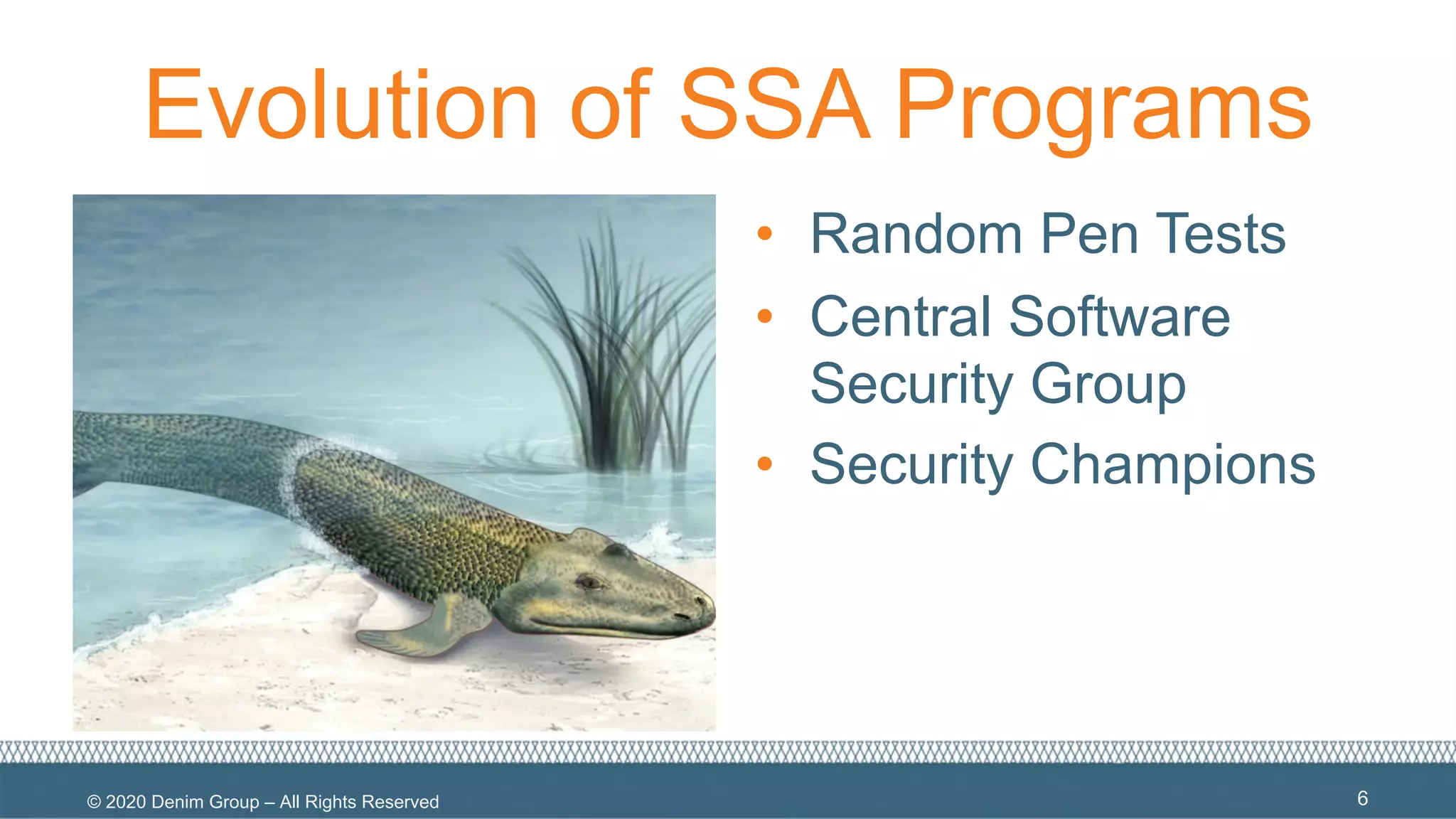 © 2020 Denim Group – All Rights Reserved
Evolution of SSA Programs
• Random Pen Tests
• Central Software
Security Group
• Security Champions
6
 