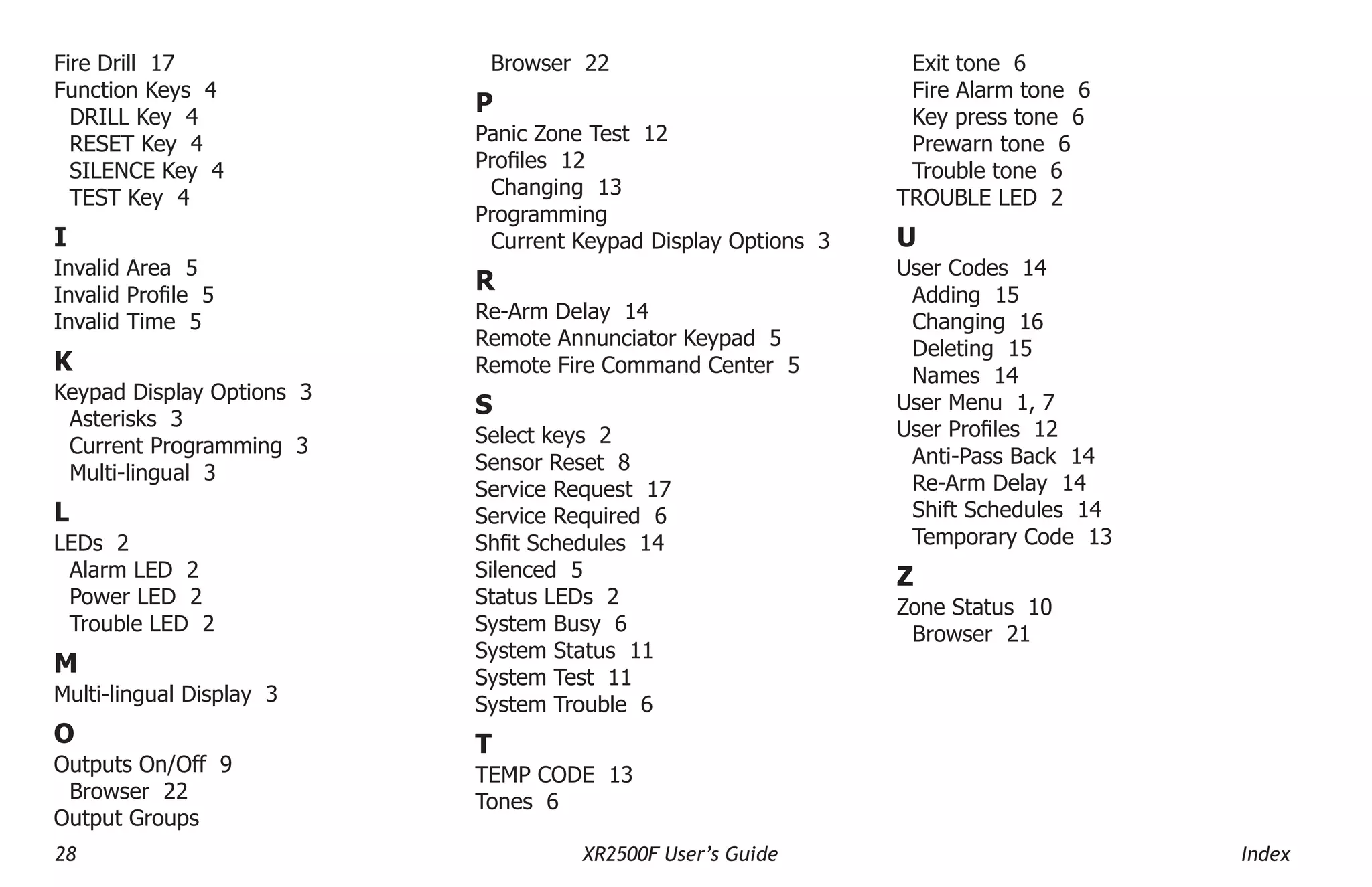28 XR2500F User’s Guide Index
Fire Drill 17
Function Keys 4
DRILL Key 4
RESET Key 4
SILENCE Key 4
TEST Key 4
I
Invalid Area 5
Invalid Profile 5
Invalid Time 5
K
Keypad Display Options 3
Asterisks 3
Current Programming 3
Multi-lingual 3
L
LEDs 2
Alarm LED 2
Power LED 2
Trouble LED 2
M
Multi-lingual Display 3
O
Outputs On/Off 9
Browser 22
Output Groups
Browser 22
P
Panic Zone Test 12
Profiles 12
Changing 13
Programming
Current Keypad Display Options 3
R
Re-Arm Delay 14
Remote Annunciator Keypad 5
Remote Fire Command Center 5
S
Select keys 2
Sensor Reset 8
Service Request 17
Service Required 6
Shfit Schedules 14
Silenced 5
Status LEDs 2
System Busy 6
System Status 11
System Test 11
System Trouble 6
T
TEMP CODE 13
Tones 6
Exit tone 6
Fire Alarm tone 6
Key press tone 6
Prewarn tone 6
Trouble tone 6
TROUBLE LED 2
U
User Codes 14
Adding 15
Changing 16
Deleting 15
Names 14
User Menu 1, 7
User Profiles 12
Anti-Pass Back 14
Re-Arm Delay 14
Shift Schedules 14
Temporary Code 13
Z
Zone Status 10
Browser 21
 