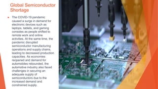 Global Semiconductor
Shortage
▶ The COVID-19 pandemic
caused a surge in demand for
electronic devices such as
laptops, tablets, and gaming
consoles as people shifted to
remote work and online
activities. At the same time, the
pandemic disrupted
semiconductor manufacturing
operations and supply chains,
leading to decreased production
capacities. As economies
reopened and demand for
automobiles rebounded, the
automotive industry also faced
challenges in securing an
adequate supply of
semiconductors due to the
increased demand and
constrained supply.
 
