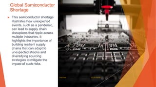 Global Semiconductor
Shortage
▶ This semiconductor shortage
illustrates how unexpected
events, such as a pandemic,
can lead to supply chain
disruptions that ripple across
multiple industries. It
highlights the importance of
building resilient supply
chains that can adapt to
unexpected shocks and
diversifying sourcing
strategies to mitigate the
impact of such risks.
This Photo by Unknown Author is licensed under CC BY-SA-NC
 