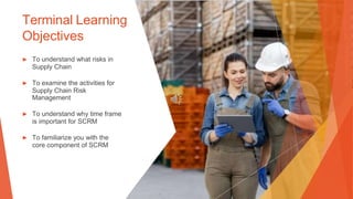 Terminal Learning
Objectives
▶ To understand what risks in
Supply Chain
▶ To examine the activities for
Supply Chain Risk
Management
▶ To understand why time frame
is important for SCRM
▶ To familiarize you with the
core component of SCRM
 