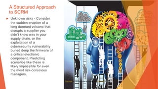 A Structured Approach
to SCRM
▶ Unknown risks - Consider
the sudden eruption of a
long dormant volcano that
disrupts a supplier you
didn’t know was in your
supply chain, or the
exploitation of a
cybersecurity vulnerability
buried deep the firmware of
a critical electronic
component. Predicting
scenarios like these is
likely impossible for even
the most risk-conscious
managers.
This Photo by Unknown Author is licensed under CC BY-NC
 