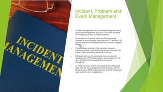 Incident, Problem and
Event Management
▶ Incident Management (IM), Problem Management (PM),
and Event Management (EM) are IT-focused concepts
for managing risk and uncertainty factors.
▶ IM focuses on incidents, which are disruptions like
outages or errors causing interruptions in IT services. IM
aims to restore normal operations and minimize negative
effects.
▶ PM addresses problems, the unknown causes of
incidents, aiming to prevent incidents and minimize their
impact. PM is primarily preventive in nature.
▶ EM deals with events, detectable occurrences with
significance for IT infrastructure or service delivery. EM
aims to detect and manage events to prevent
disruptions.
▶ All three concepts involve standardized processes that
align with the risk management (RM) process, with IM
being reactive, PM being preventive, and EM focusing on
early detection and management.
 