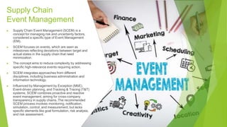 Supply Chain
Event Management
▶ Supply Chain Event Management (SCEM) is a
concept for managing risk and uncertainty factors,
considered a specific type of Event Management
(EM).
▶ SCEM focuses on events, which are seen as
milestones reflecting deviations between target and
actual states in the supply chain that need
minimization.
▶ The concept aims to reduce complexity by addressing
specific high-relevance events requiring action.
▶ SCEM integrates approaches from different
disciplines, including business administration and
information technology.
▶ Influenced by Management by Exception (MbE),
Event-driven planning, and Tracking & Tracing (T&T)
systems, SCEM combines proactive and reactive
event management, aiming for cross-company
transparency in supply chains. The recommended
SCEM process involves monitoring, notification,
simulation, control, and measurement, but lacks
specific elements like goal formulation, risk analysis,
and risk assessment.
 