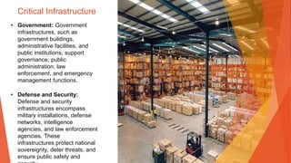 Critical Infrastructure
• Government: Government
infrastructures, such as
government buildings,
administrative facilities, and
public institutions, support
governance, public
administration, law
enforcement, and emergency
management functions.
• Defense and Security:
Defense and security
infrastructures encompass
military installations, defense
networks, intelligence
agencies, and law enforcement
agencies. These
infrastructures protect national
sovereignty, deter threats, and
ensure public safety and
 