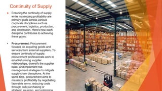 Continuity of Supply
▶ Ensuring the continuity of supply
while maximizing profitability are
primary goals across various
corporate disciplines such as
procurement, logistics, production,
and distribution. Here's how each
discipline contributes to achieving
these goals:
• Procurement: Procurement
focuses on acquiring goods and
services from external suppliers. To
ensure continuity of supply,
procurement professionals work to
establish strong supplier
relationships, diversify the supplier
base, and implement risk
management strategies to mitigate
supply chain disruptions. At the
same time, procurement aims to
maximize profitability by negotiating
favorable terms, reducing costs
through bulk purchasing or
 